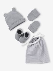 -Rib Knit Beanie + Mittens + Booties + Pouch Set for Newborn Babies