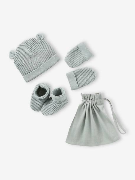 Beanie, Mittens & Booties Set, Matching Pouch, for Newborn Babies grey blue+navy blue+White 