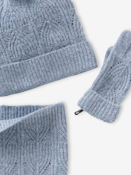 Beanie + Snood + Mittens Set in Shimmering Cable-Knit ecru+grey blue+PINK MEDIUM SOLID 