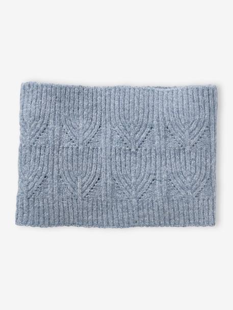 Beanie + Snood + Mittens Set in Shimmering Cable-Knit ecru+grey blue+PINK MEDIUM SOLID 