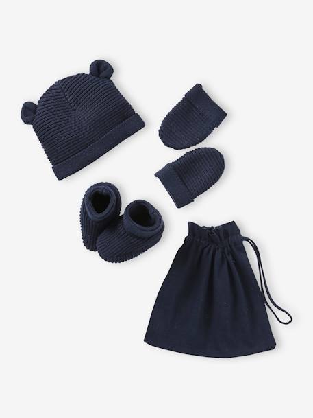 Beanie, Mittens & Booties Set, Matching Pouch, for Newborn Babies denim blue+grey blue+navy blue+rosy+White 