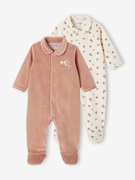 Pack of 2 Sleepsuits in Velour for Newborn Babies cappuccino+golden yellow+grey blue 