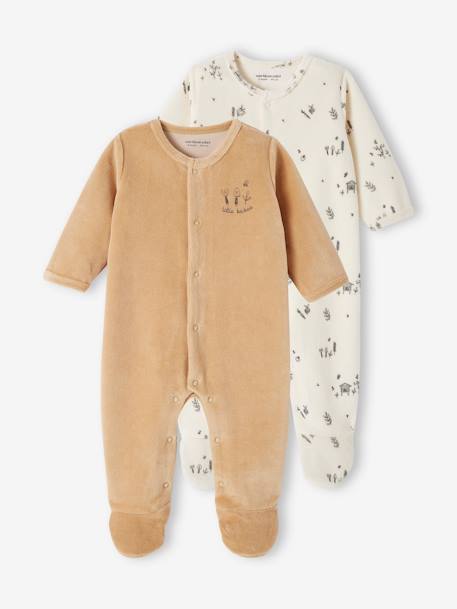 Pack of 2 Sleepsuits in Velour for Newborn Babies cappuccino+golden yellow+grey blue 