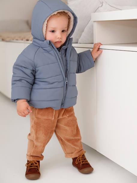 Padded Jacket with Removable Lined Hood for Babies grey blue 