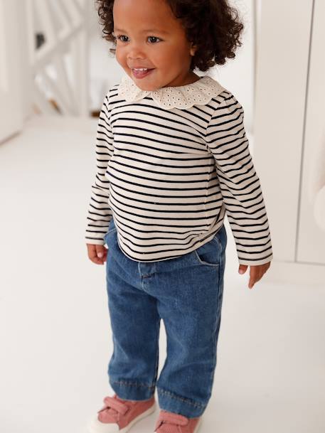 Long Sleeve Top with Embroidered Collar, for Babies BEIGE LIGHT SOLID+striped navy blue 