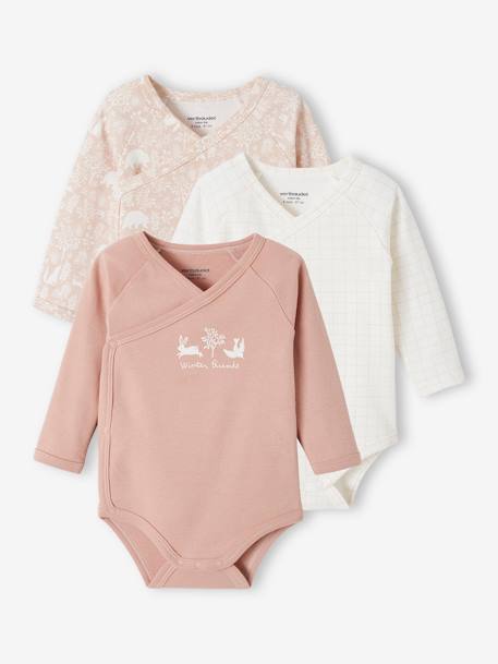 Pack of 3 Long-Sleeved Bodysuits in Organic Cotton for Newborn Babies denim blue+rosy 