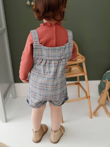 Chequered Dungaree Shorts, Rib Knit Top & Matching Headband Outfit for Babies old rose 