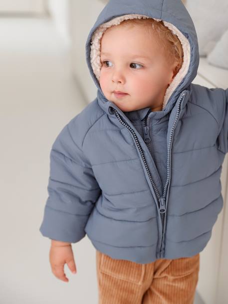 Padded Jacket with Removable Lined Hood for Babies grey blue 