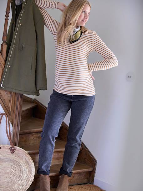 Long-Sleeved Maternity Top ochre+White Stripes 