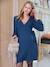 Short, Plain, Wrap-Over Dress for Maternity & Nursing navy blue 