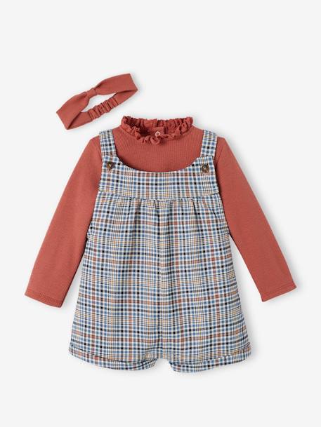 Chequered Dungaree Shorts, Rib Knit Top & Matching Headband Outfit for Babies old rose 