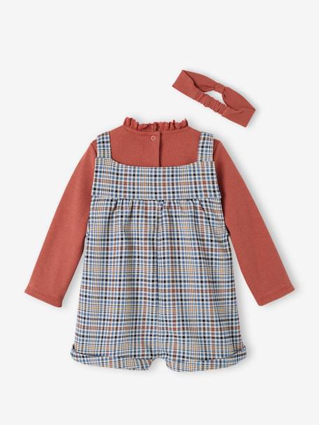 Chequered Dungaree Shorts, Rib Knit Top & Matching Headband Outfit for Babies old rose 