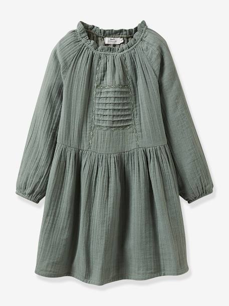 Cotton Gauze Dress for Girls, by CYRILLUS almond green+grey 