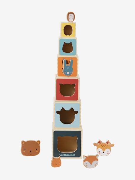 Cube Tower with Shape Sorter in FSC® Wood BEIGE MEDIUM SOLID WITH DECOR+Forest Friends+Forest Friends 