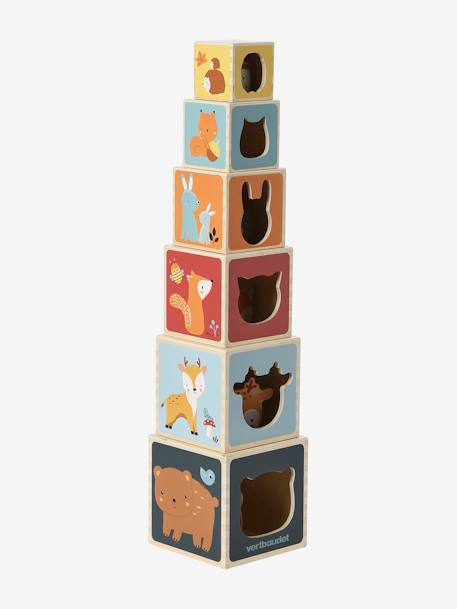 Cube Tower with Shape Sorter in FSC® Wood BEIGE MEDIUM SOLID WITH DECOR+Forest Friends+Forest Friends 