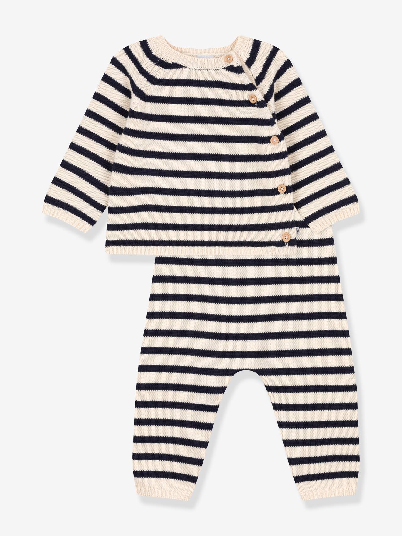 Striped Wool & Cotton Knit Ensemble for Babies, PETIT BATEAU - printed beige