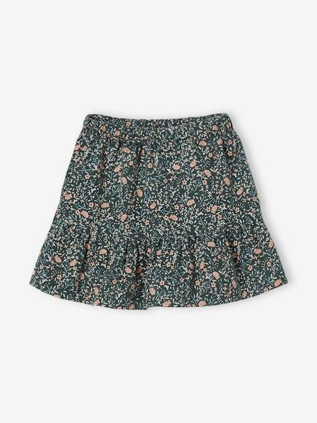 Corduroy Skirt with Ruffle & Floral Print for Girls green+old rose 