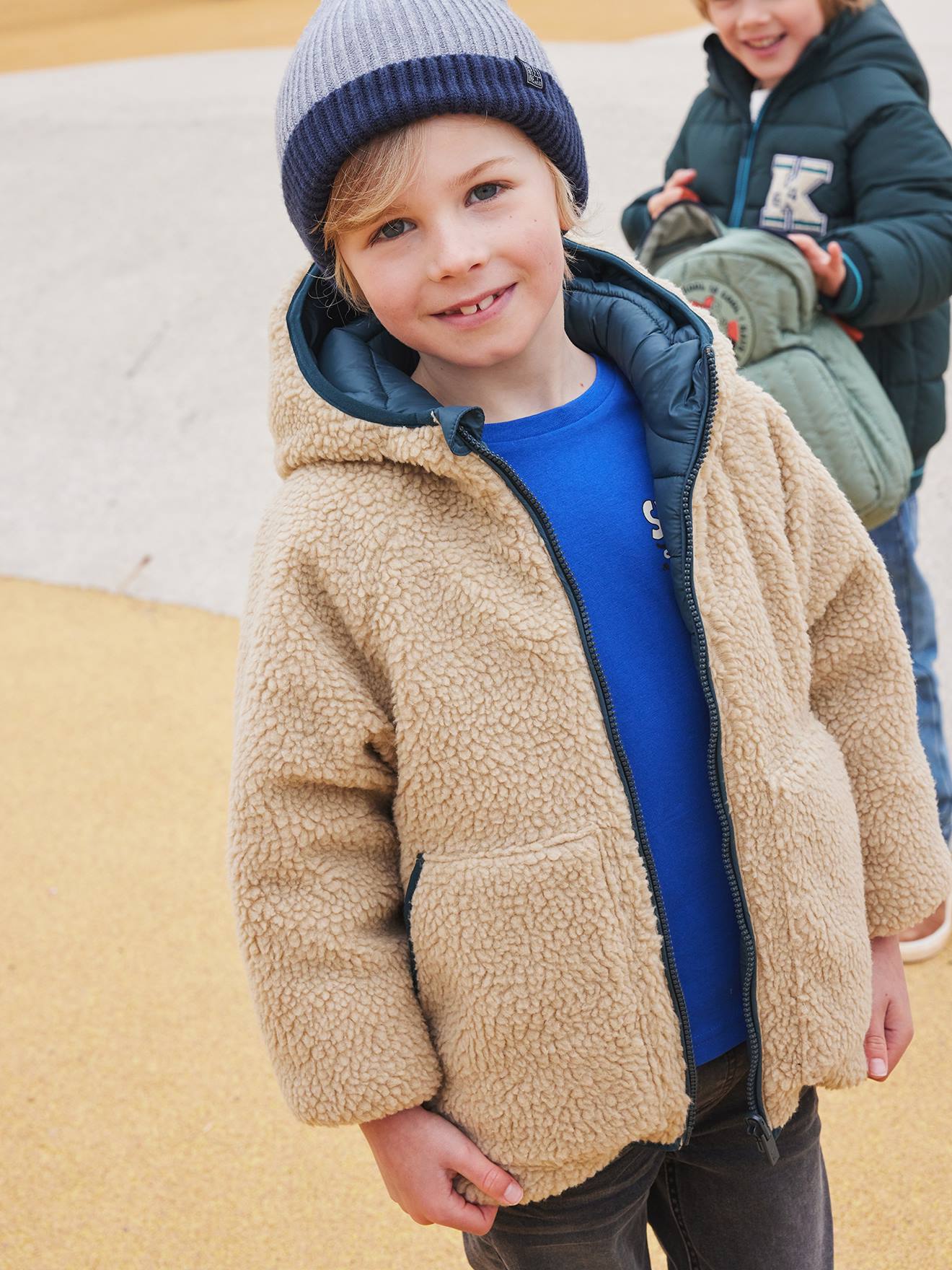 Reversible Hooded Jacket, Padded & in Sherpa, for Boys - fir green