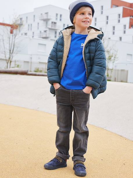 Reversible Hooded Jacket, Padded & in Sherpa, for Boys fir green 