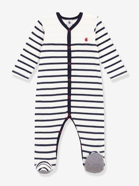 Striped Sleepsuit in Velour for Babies, PETIT BATEAU printed white 