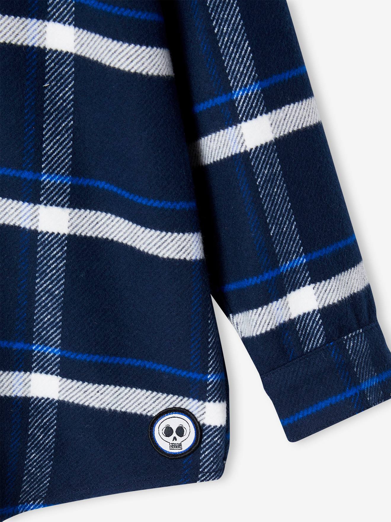 Hooded Flannel Shirt with Large Checks for Boys - navy blue