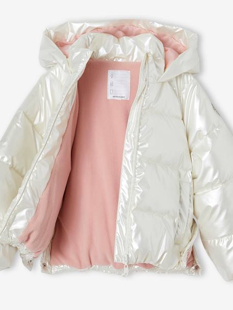 Padded Jacket with Pearl-Effect Hood & Polar Fleece Lining, for Girls ecru+fir green 