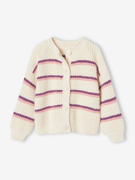 Striped Cardigan in Chenille Knit for Girls ecru 