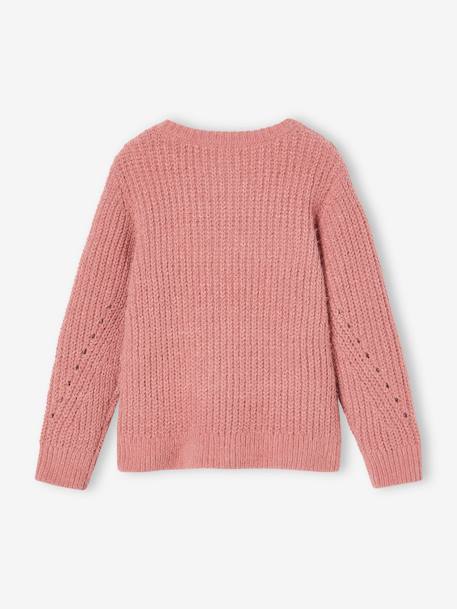 Cardigan in Openwork Chenille Knit for Girls dusky pink+green 