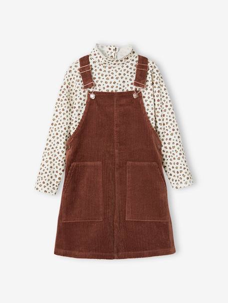 Top + Corduroy Dungaree Dress Outfit for Girls chocolate+night blue 