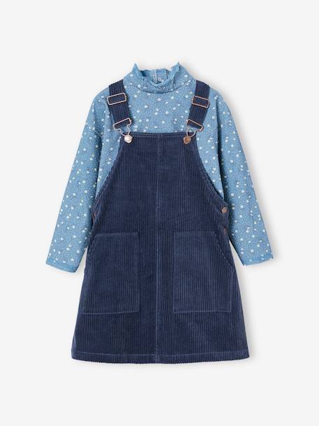 Top + Corduroy Dungaree Dress Outfit for Girls chocolate+night blue 