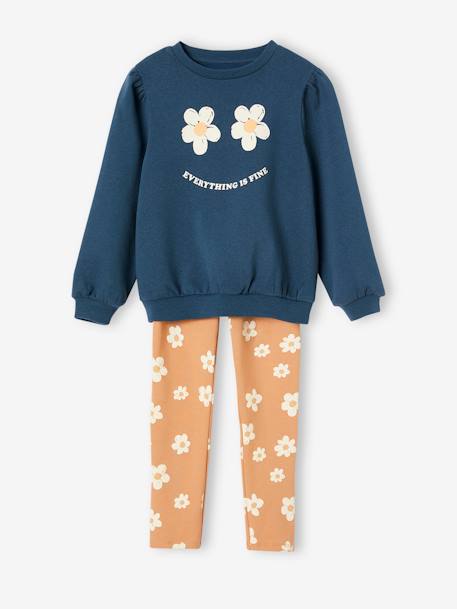 Sweatshirt + Printed Leggings Ensemble for Girls dusky pink+navy blue 