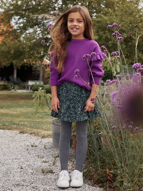 Corduroy Skirt with Ruffle & Floral Print for Girls green+old rose 