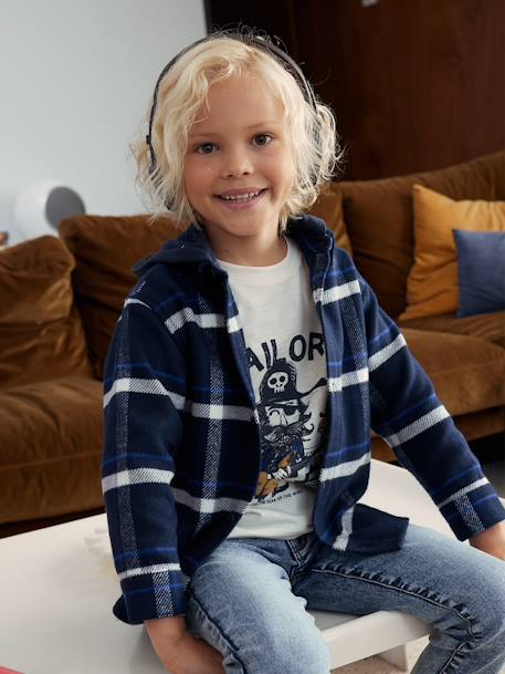 Hooded Flannel Shirt with Large Checks for Boys navy blue 