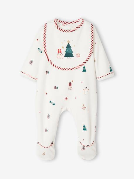 Christmas Special Gift Set: Velour Sleepsuit + Bib for Babies ecru 