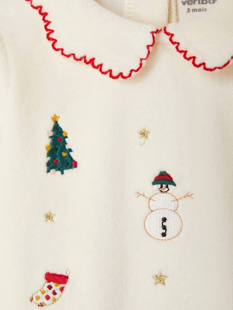 Embroidered Christmas Velour Sleepsuit for Babies ecru 