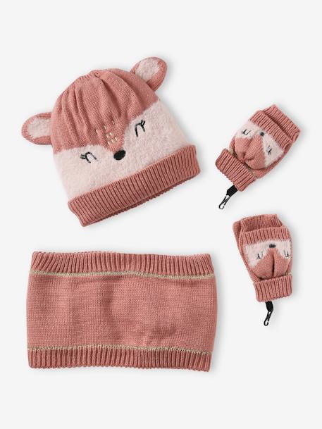 Christmas Gift Box with Deer Beanie + Snood + Mittens Set for Girls mauve 