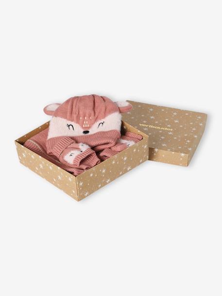 Christmas Gift Box with Deer Beanie + Snood + Mittens Set for Girls mauve 