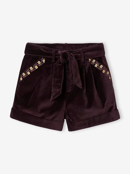 Fancy Shorts in Plain Velour, for Girls aubergine+navy blue+red 