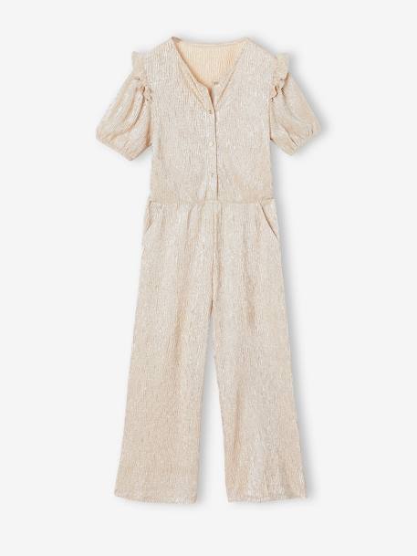 Occasion Wear Lamé Jumpsuit with Bubble Sleeves & Ruffles for Girls gold 