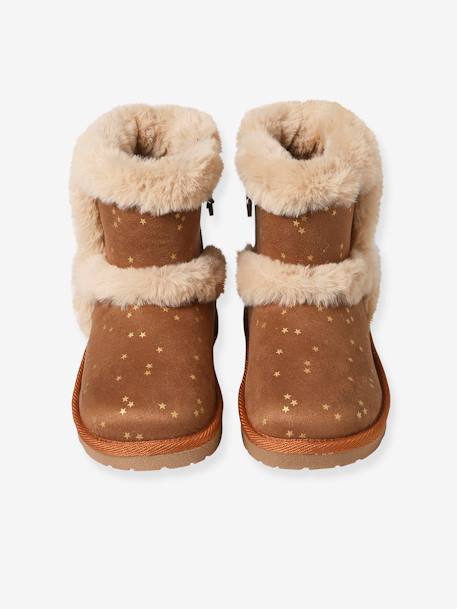 Water-Repellent Furry Boots with Zip for Girls brown+golden beige+grey 