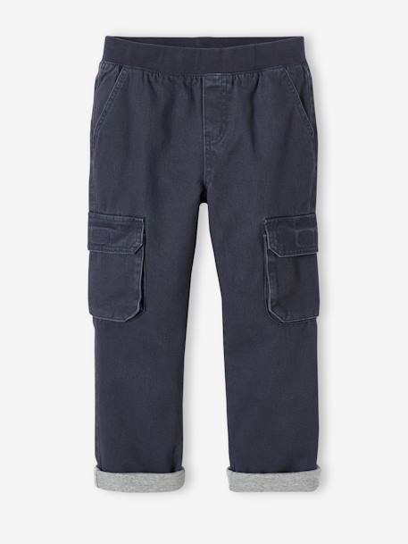 Easy to Slip-on Cargo Trousers with Lining for Boys khaki+night blue 