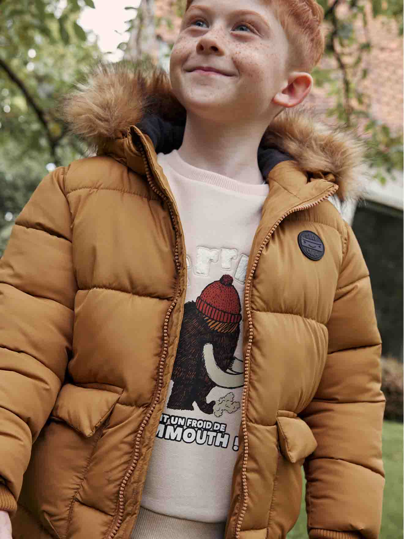 Boys puffer jacket with fur clearance hood