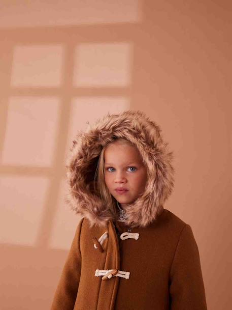 Hooded Duffel Coat with Toggles, in Woollen Fabric, for Girls camel 