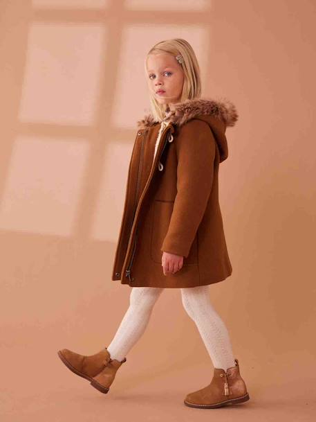 Hooded Duffel Coat with Toggles, in Woollen Fabric, for Girls camel 