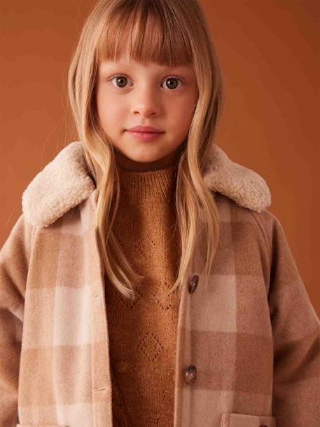 Shacket-Style Coat in Chequered Wool for Girls chequered brown+chequered pink 