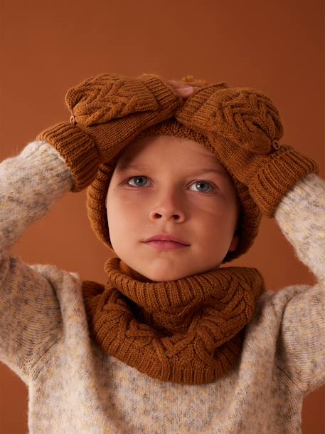 Cable-Knit Beanie + Snood + Mittens/Fingerless Mitts for Boys fir green+ochre 