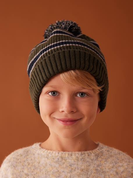 Brioche Stitch Beanie + Snood + Gloves or Mittens Set for Boys khaki 