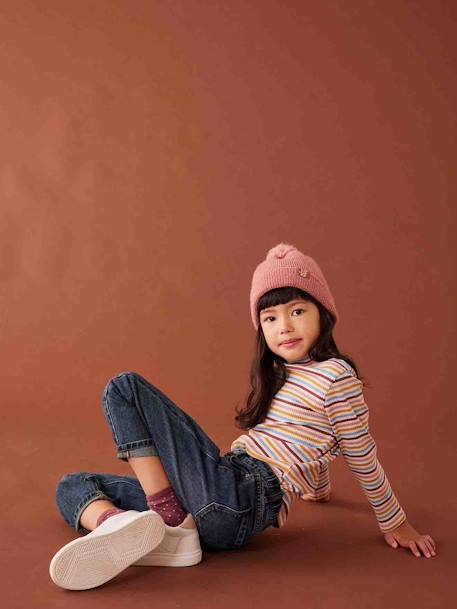 Polo Neck Top in Rib Knit for Girls multicoloured+striped blue 