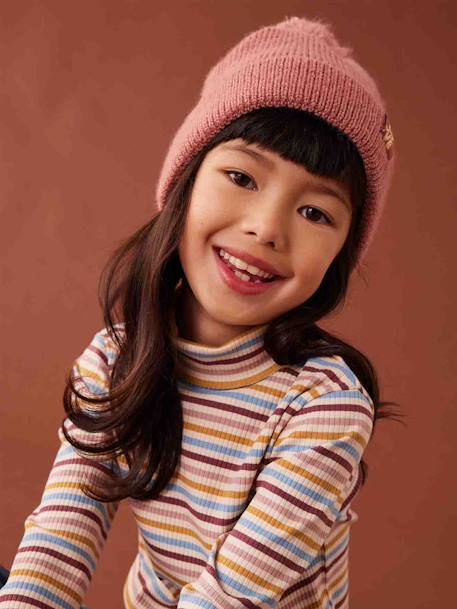 Polo Neck Top in Rib Knit for Girls multicoloured+striped blue 