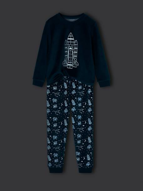 Velour Pyjamas with Glow-In-The-Dark Rocket for Boys peacock blue 